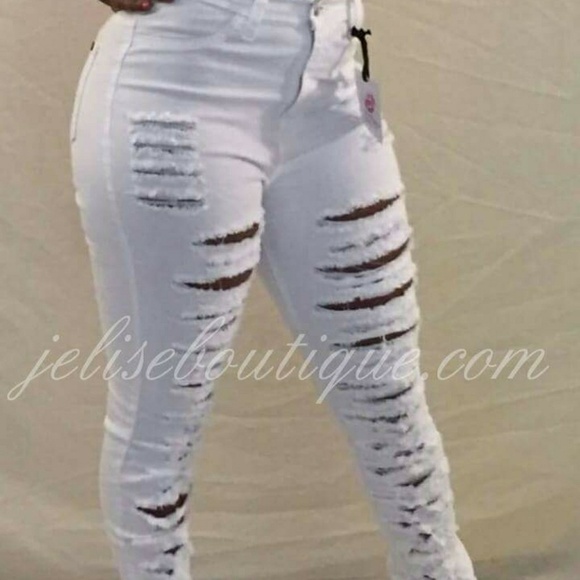 GJG DENIM High Waisted Destroyed White Denim Jeans - Picture 3 of 11